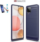 Samsung Galaxy A12 Carbone Brushed Tpu Blauw Cover Case Hoesje - 1 x Tempered Glass Screenprotector CTBL