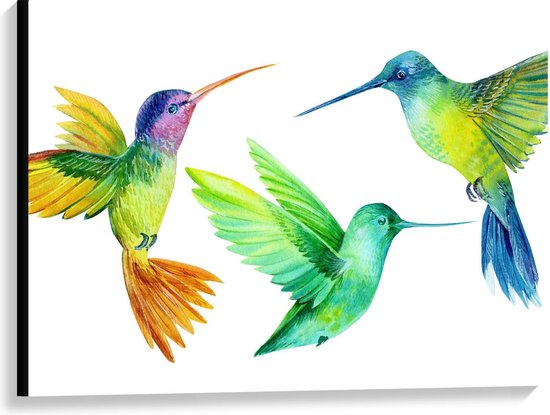 Canvas  - Drie Pastelkleurige Vogels  - 100x75cm Foto op Canvas Schilderij (Wanddecoratie op Canvas)