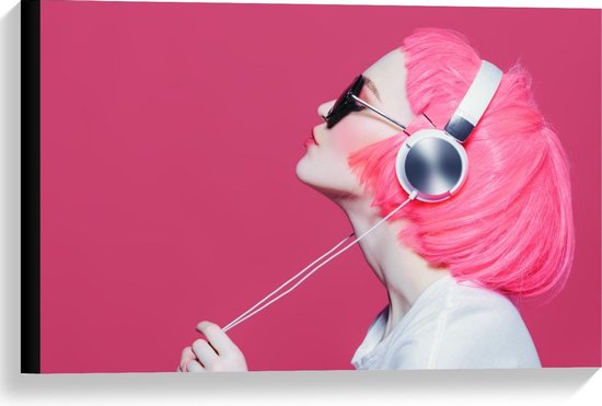Canvas  - Vrouw met Roze Haar en Koptelefoon - 60x40cm Foto op Canvas Schilderij (Wanddecoratie op Canvas)