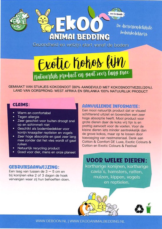 Bodembedekker - Ekoo Animal Bedding exotic kokos fijn - 25 liter. - Ekoo animal Bedding