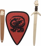 Houten zwaard met schede leeuw en ridderschild rood met draak kinderzwaard houten ridder zwaard schild