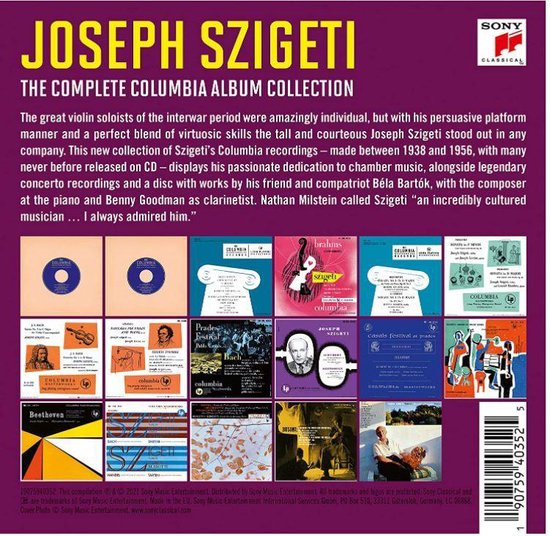 Achterkant van de "Joseph Szigeti: The Complete Columbia Album Collection" box set, met een collage van albumhoezen
