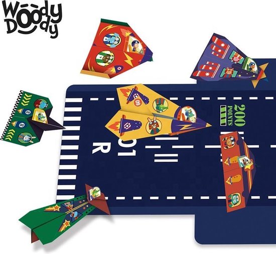 Afbeelding van het spel Montessori Speelgoed Vliegtuigen Vouwen met Vliegveld Origami Papier 35 cm - Creatief Bouwen Mooie Vliegtuigen Vouwen met Stickers - WoodyDoody