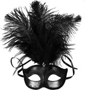 dressforfun - Venetiaans masker met veer zwart - verkleedkleding kostuum halloween verkleden feestkleding carnavalskleding carnaval feestkledij partykleding - 303546