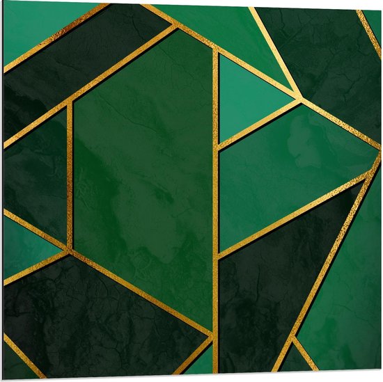 Dibond - Groene Vlakken met Gouden Randen - 80x80cm Foto op Aluminium (Met Ophangsysteem)