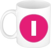 Mok / beker met de letter I roze bedrukking voor het maken van een naam / woord of team