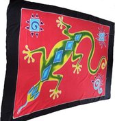 hamamdoek, pareo, sarong, wikkelrok handgeschilderd figuren gekko's patroon lengte 115 cm breedte 165 kleuren zwart groen geel blauw paars.