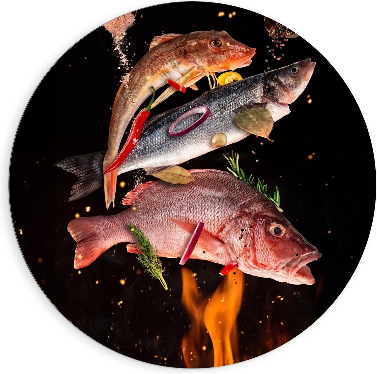 Dibond Wandcirkel - Vissen met Specerijen op de BBQ - 90x90cm Foto op Aluminium Wandcirkel