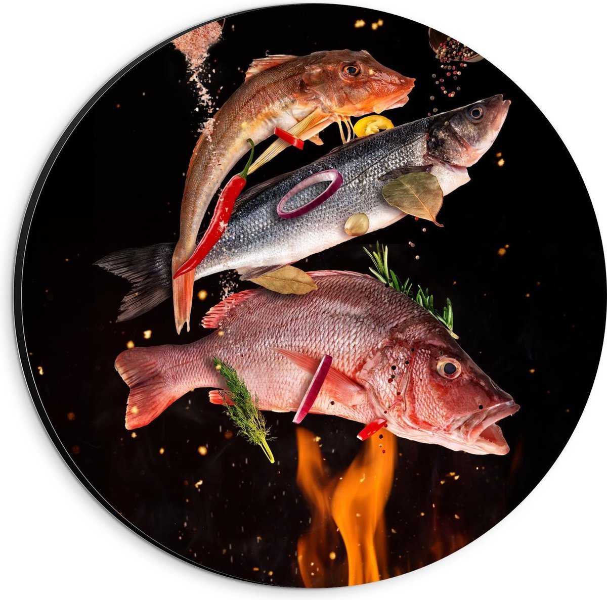 Dibond Wandcirkel - Vissen met Specerijen op de BBQ - 20x20cm Foto op Aluminium Wandcirkel