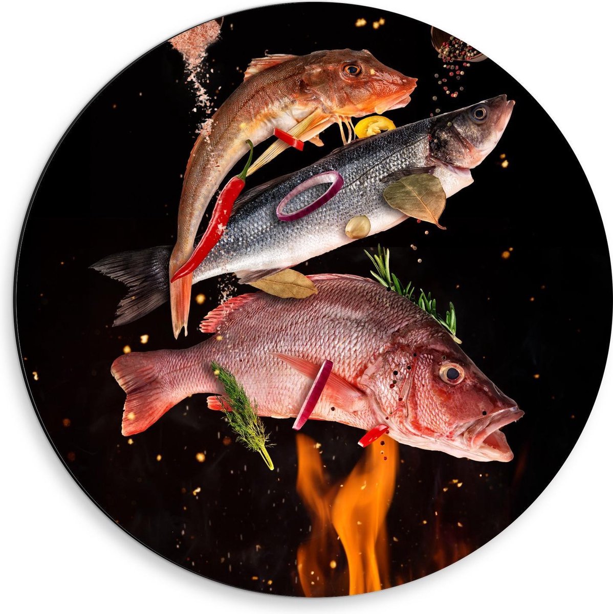 Dibond Wandcirkel - Vissen met Specerijen op de BBQ - 50x50cm Foto op Aluminium Wandcirkel