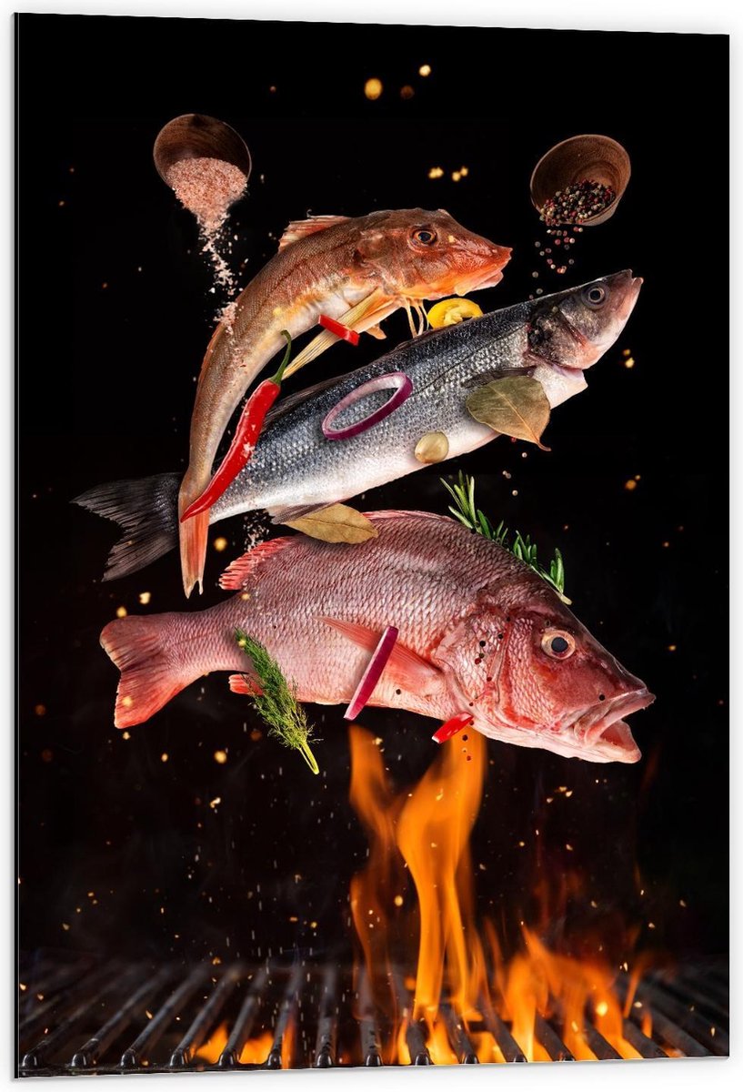 Dibond - Vissen met Specerijen op de BBQ - 60x90cm Foto op Aluminium (Wanddecoratie van me