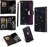 Voor Samsung Galaxy A6 (2018) Multi-kaartsleuven Sterrenhemel Lasergravure Glitter Rits Horizontale Flip Leren Case met Houder & Portemonnee & Lanyard (Zwart)