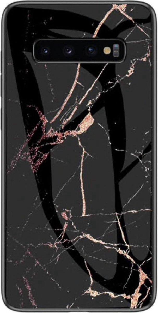 Geschikt voor Samsung Galaxy S10e Backcover - Zwart / Goud - Marmer - TPU + Gehard Glas