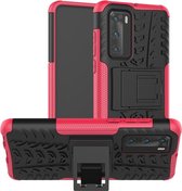 Voor Huawei P40 Tire Texture Shockproof TPU + PC beschermhoes met houder (Rose Red)