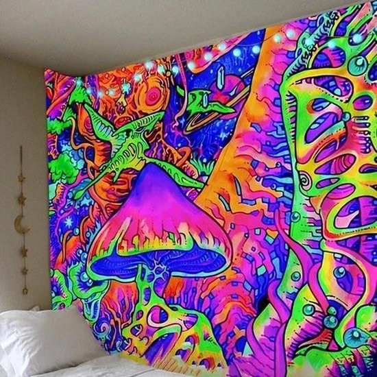 Ulticool - Psychedelisch Trippy Paddo Cannabis Wiet - Tapestry Paddenstoel Decoratie - Magic Mushroom Glow in the Dark - Fluor Neon Wandkleed Paddestoel - 200x150 cm - Groot wandtapijt - Poster