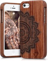 kwmobile hoesje voor Apple iPhone SE (1.Gen 2016) / 5 / 5S - Telefoonhoesje van hout - Back cover in donkerbruin - Halve Bloem design