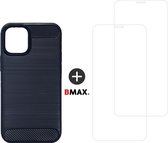 BMAX Telefoonhoesje geschikt voor iPhone 12 Pro - Carbon softcase hoesje blauw - Met 2 screenprotectors