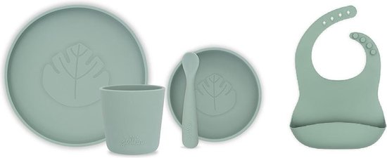 Jollein de dîner Jollein| Service de vaisselle pour enfants 4 pièces | Silicones | vert cendré + bavoir avec bac de récupération | silicone | dîner | vaisselle pour enfants| cadeau de maternité | nouveau née |nourrisson | enfant