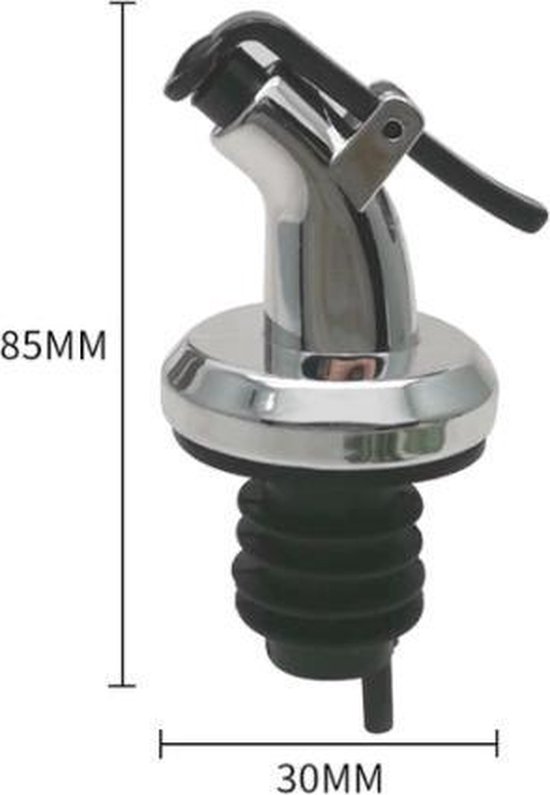 Chroomkleurige schenktuit met zwarte rubberen afsluitring. Afmetingen: 85 mm hoog, 30 mm breed.