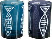 J-Line Windlicht Vis Glas Wit/Blauw Large Assortiment Van 2