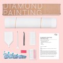 Kit de peinture diamant avec toile, stylo, pince à épiler, cire, plateau, pochettes et set d'autocollants.