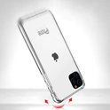 Coque transparente, détaillée sur le dos d'un iPhone 11 avec double appareil photo, avec des flèches rouges indiquant la protection.