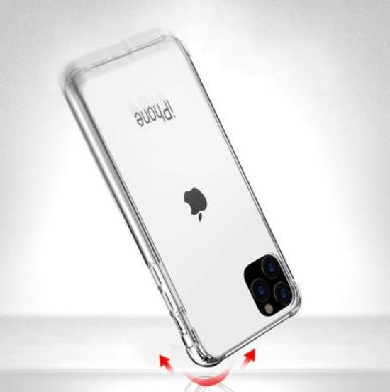 Coque transparente, détaillée sur le dos d'un iPhone 11 avec double appareil photo, avec des flèches rouges indiquant la protection.