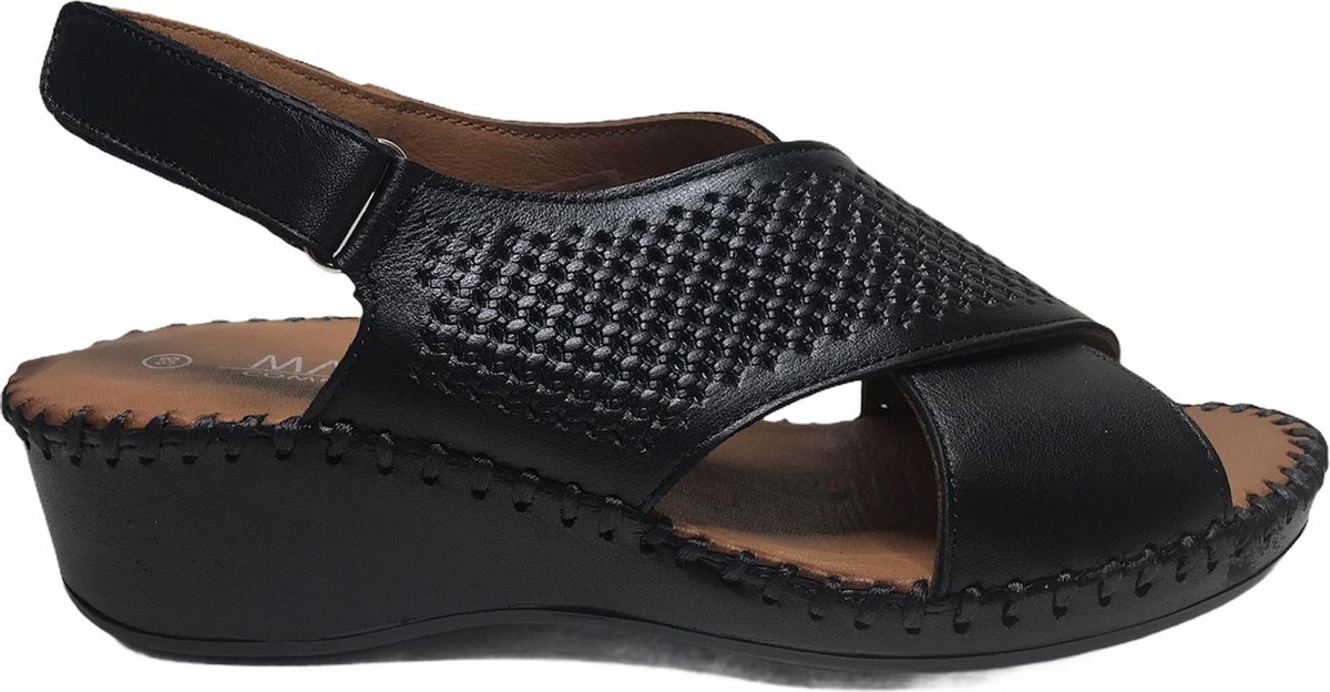 Manlisa velcro 5 cm sleehak perforaties lederen comfort sandalen S147-20-1930 zwart