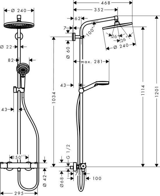 Technische tekening van douchesysteem met afmetingen