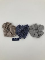 BroVari Scrunchies - Set - Streepjes - Grijs/Blauw/Beige - 3 stuks - Met lint