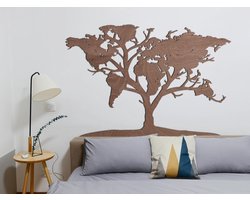 HOUTEN WANDDECORATIE / WOODEN WALL DECORATION - MUURDECORATIE / WALL ART - WERELDKAART BOOM / WORLD MAP TREE - 96 x 140cm - DONKER HOUT / DARK WOOD - ATLAS - ECHT HOUT - REAL WOOD - AARDE - CONTINENTEN - REIZEN - NATUUR