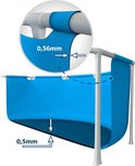 Gedetailleerde tekening die de dikte van het zwembadmateriaal toont: 0,56 mm voor de wand en 0,5 mm voor de bodem.