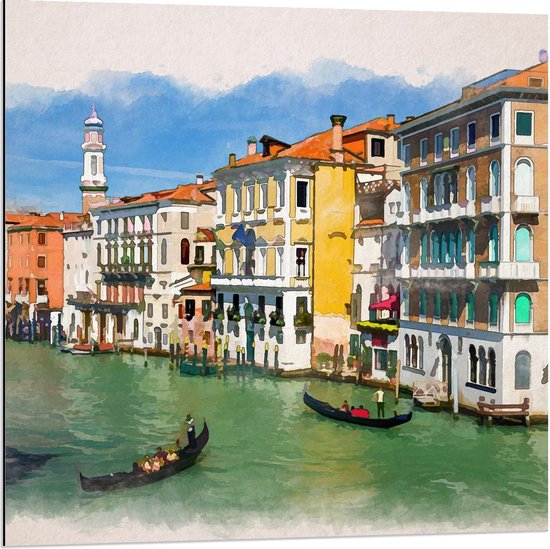 Dibond - Schilderij van Huisjes aan het Water in Venetië - 80x80cm Foto op Aluminium (Met Ophangsysteem)