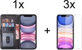 iPhone 12 Mini hoesje bookcase zwart wallet case portemonnee hoes cover hoesjes - 3x iPhone 12 Mini screenprotector