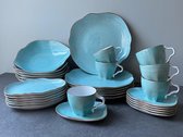STONE AGE - Wit Porselein -handmatig gedecoreerd met lichtblauw en Bruin - Koffie en dinerservies 30-delig voor 6 personen+wit dienblad + wit saladeschaal