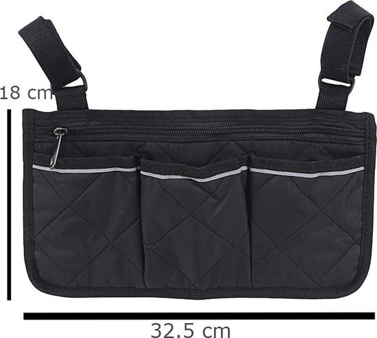 Rolstoel Armsteun Opbergtas Zwart - Rolstoeltas met 4 Opbergvakken - 32.5 x 18 cm - Kleur ZWART