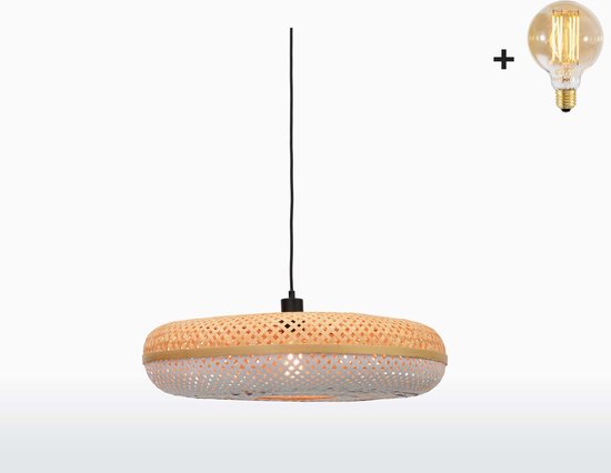 Hanglamp - PALAWAN - Naturel/Wit Bamboe - Large (60x15cm) - Met LED-lamp