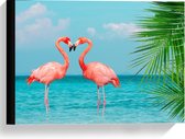 Canvas  - Twee Liefdevolle felroze Flamingo's in het Water  - 40x30cm Foto op Canvas Schilderij (Wanddecoratie op Canvas)