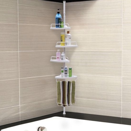 Afbeelding van SONGMICS doucheplank, 85-305 cm in hoogte verstelbaar, badkamerplank met 4 dienbladen, douchehoek, boren niet nodig, wit BCB001A