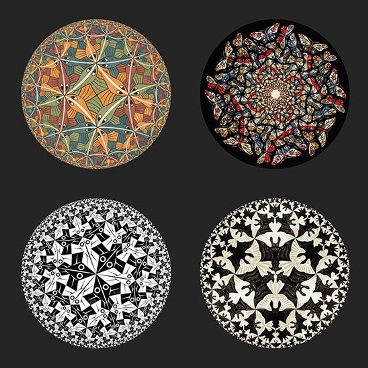 Glazen onderzettersset: 4 stuks van glas in een metalen houder met Escher's Cirkels-afbeeldingen, Ø 10 cm, in een stijlvolle geschenkdoos
