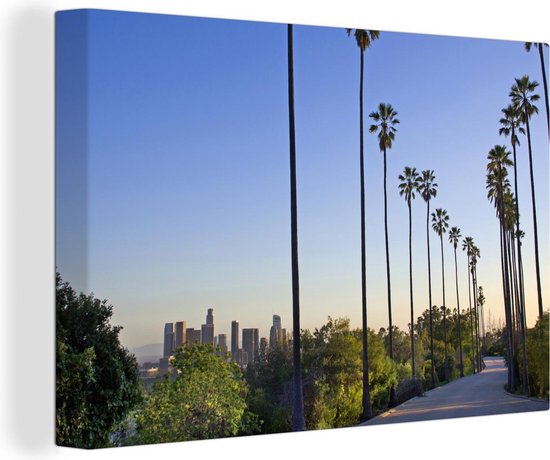 Les rangées de grands palmiers le long de la route à Los Angeles toile 90x60 cm - Tirage photo sur toile (Décoration murale salon / chambre) / Arbres Peintures sur toile