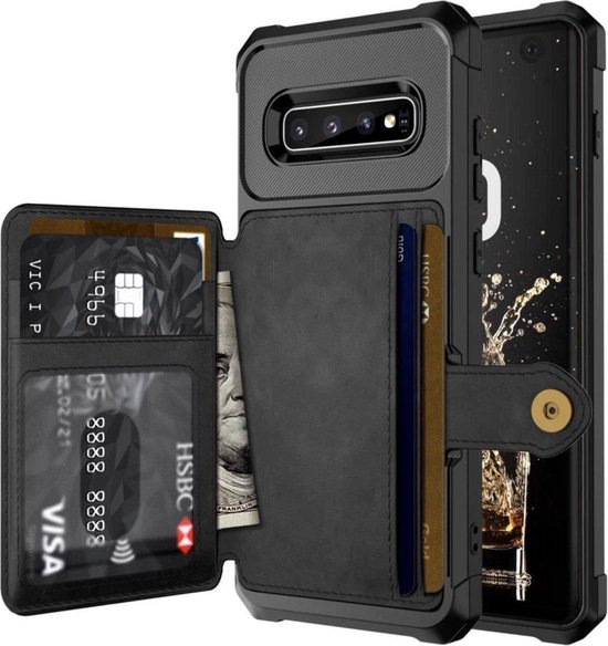 Zwarte telefoonhoes met klep, 3 pasjes en geld erin, met een gedeeltelijk zichtbare telefoon.