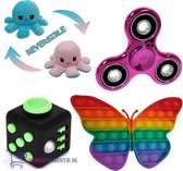 Pop It Fidget Vlinder (Regenboog) + Fidget Cube + Octopus Mood Knuffel (Roze/Blauw) + Chrome Fidget Spinner!