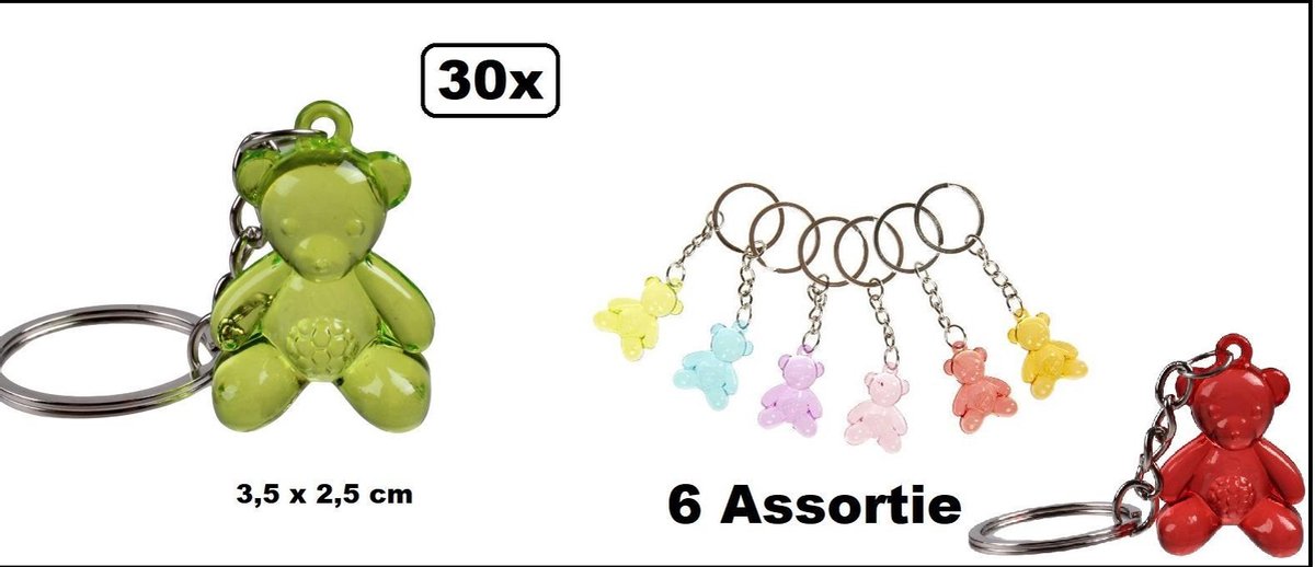 30x Sleutelhanger beer 3,5 x 2,5 cm 6 assortie - Sleutel hanger dier beertje verjaardag thema feest festival fun school