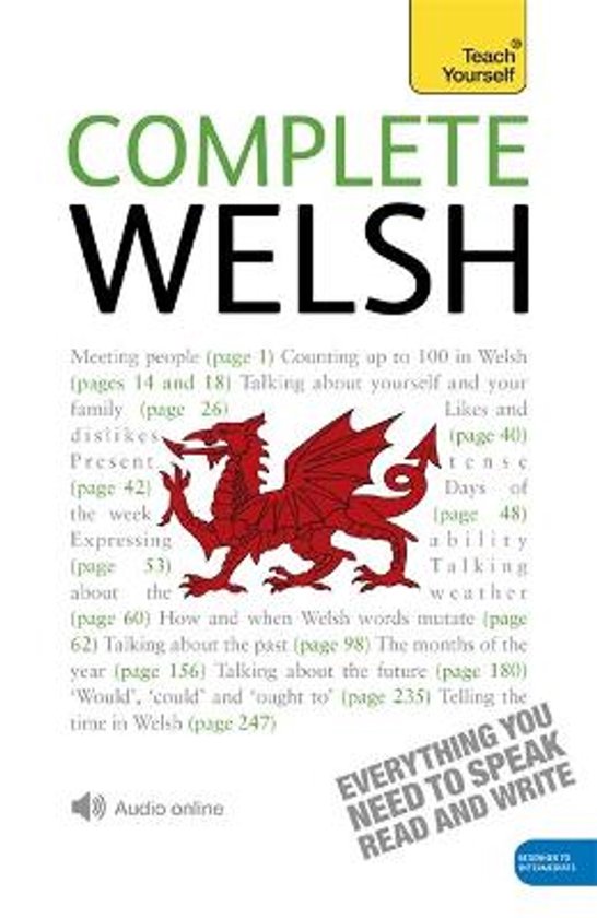 De cover van het boek 'Complete Welsh' met de titel in groen en wit, en een rode Welshe draak.