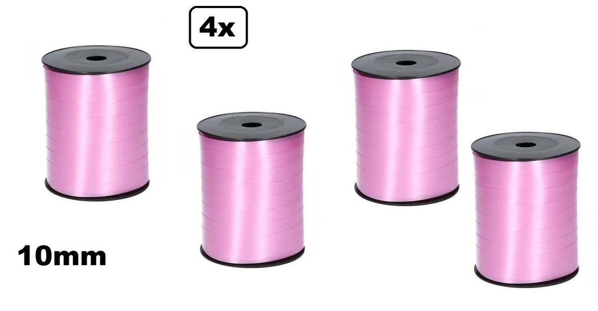 4x Krullint licht roze 10mm x 250meter| - Vernieuwd, nu met folie beschermlaag om de rol - merk Cotton blue |krullint | decoratie| thema feest| versiering