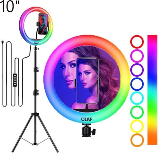 OLAF - Colourlamp - Ringlamp - Tiktok lamp - Ringlight - 10 Inch - Standaard/statief 160cm - LED verlichting - 50 extra kleurstanden - Selfielamp -