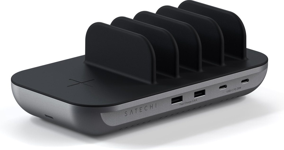 Satechi Dock5 Multi-apparaat Laadstation – Laadt Vijf Apparaten Tegelijkertijd Op – Voorzien van USB-C PD, USB-A Poorten & Qi-Oplader – Siliconen Scheidingswanden voor Apparaatbescherming - Grijs