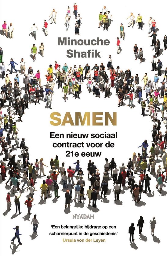 Boekomslag met de titel 'Samen' door Minouche Shafik, omringd door vele kleine figuren.