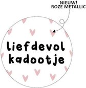 Cadeausticker Liefdevol kadootje - Sluitsticker - Traktatiesticker - Wensetiket - rond 40mm - Liefdevol kadootje , Wit/Zwart / roze metallic  - 25 stuks - sticker voor traktatie - sticker voo